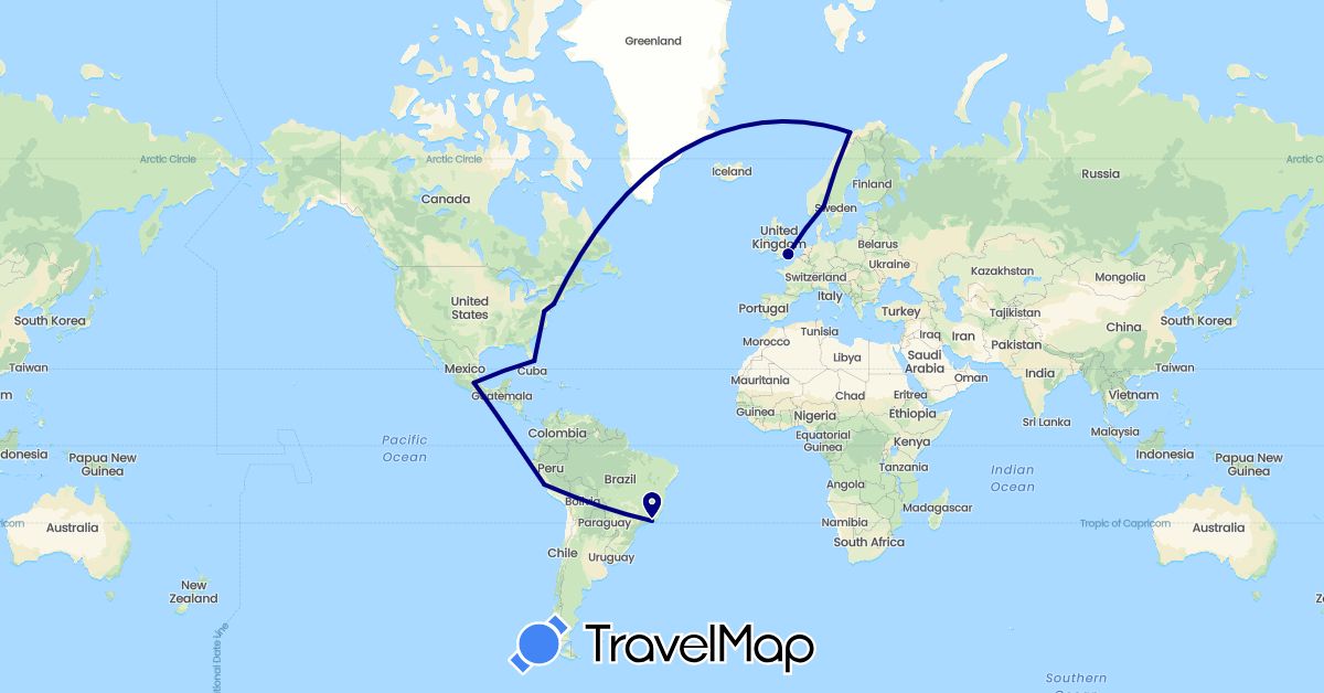 TravelMap itinerary: driving in Brazil, United Kingdom, Mexico, Norway, Peru, United States (Europe, North America, South America)